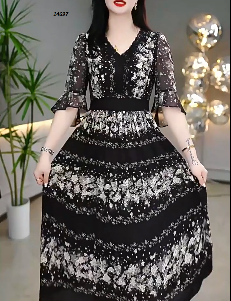 14697-Đầm voan xòe form dài họa tiết viền hoa trắng phối cổ viền ren (voan + lót) 14697_thumbnail_1