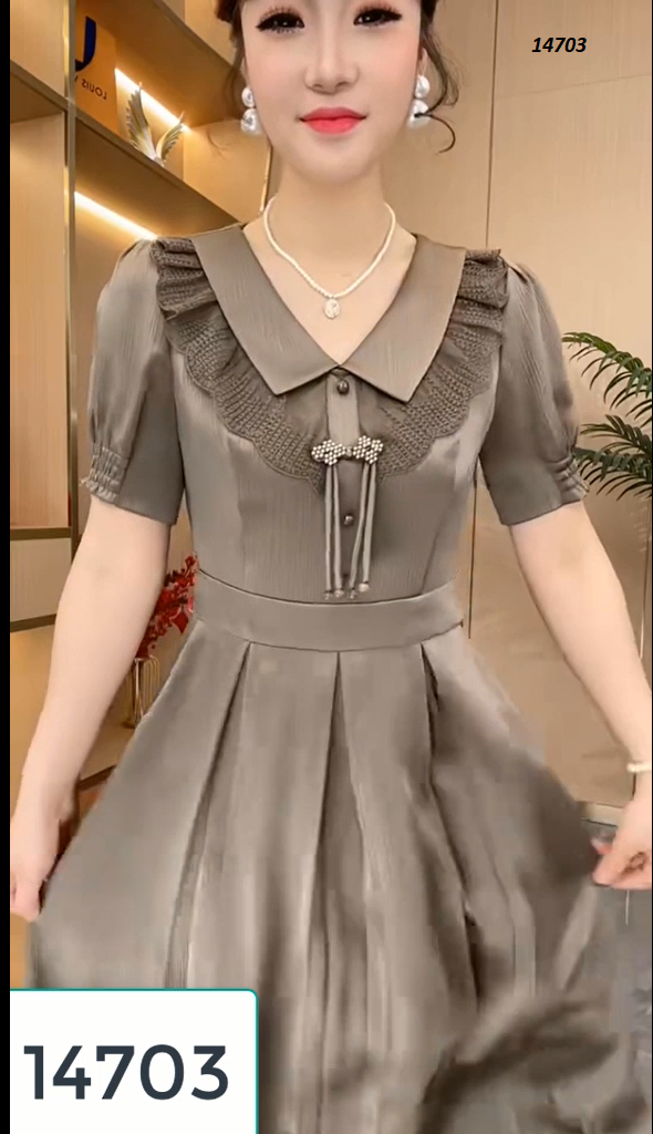 14703-Đầm xòe cổ ren gắn phụ kiện nơ hạt trước (vải lụa vân sọc) 14703_thumbnail_2