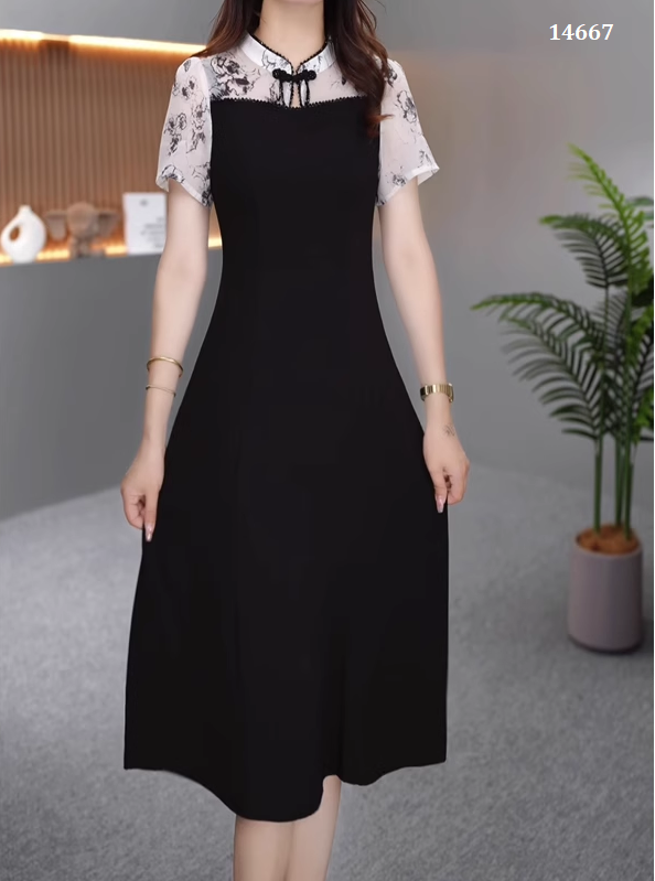 14667-Đầm xòe phối tay  voan  hoa  côt tàu kết nút ( thun mịn, voan)_thumbnail_1