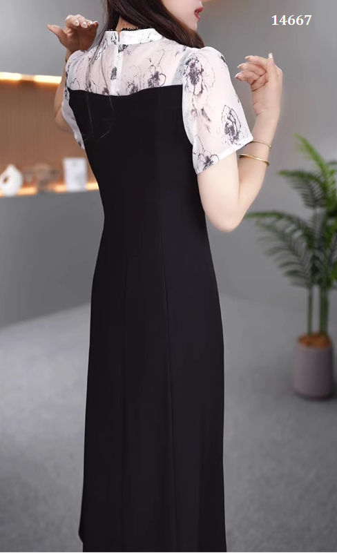 14667-Đầm xòe phối tay  voan  hoa  côt tàu kết nút ( thun mịn, voan)_thumbnail_2