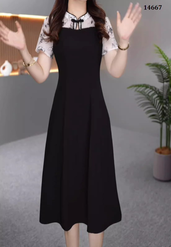 14667-Đầm xòe phối tay  voan  hoa  côt tàu kết nút ( thun mịn, voan)_thumbnail_0