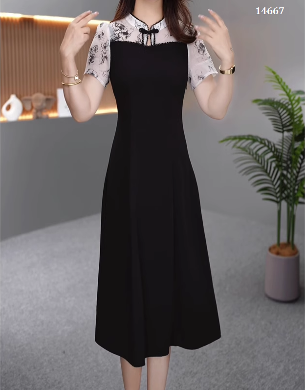 14667-Đầm xòe phối tay  voan  hoa  côt tàu kết nút ( thun mịn, voan)_thumbnail_3