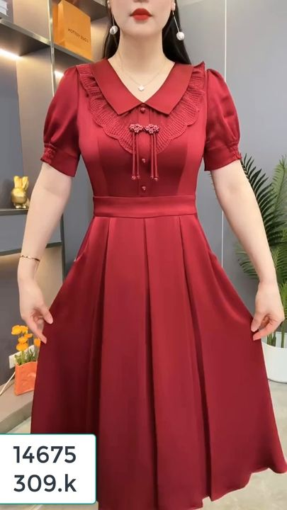 14675-Đầm xòe  dự tiệc đỏ đô cổ  sen cách điệu ( lụa nhung)_thumbnail_0
