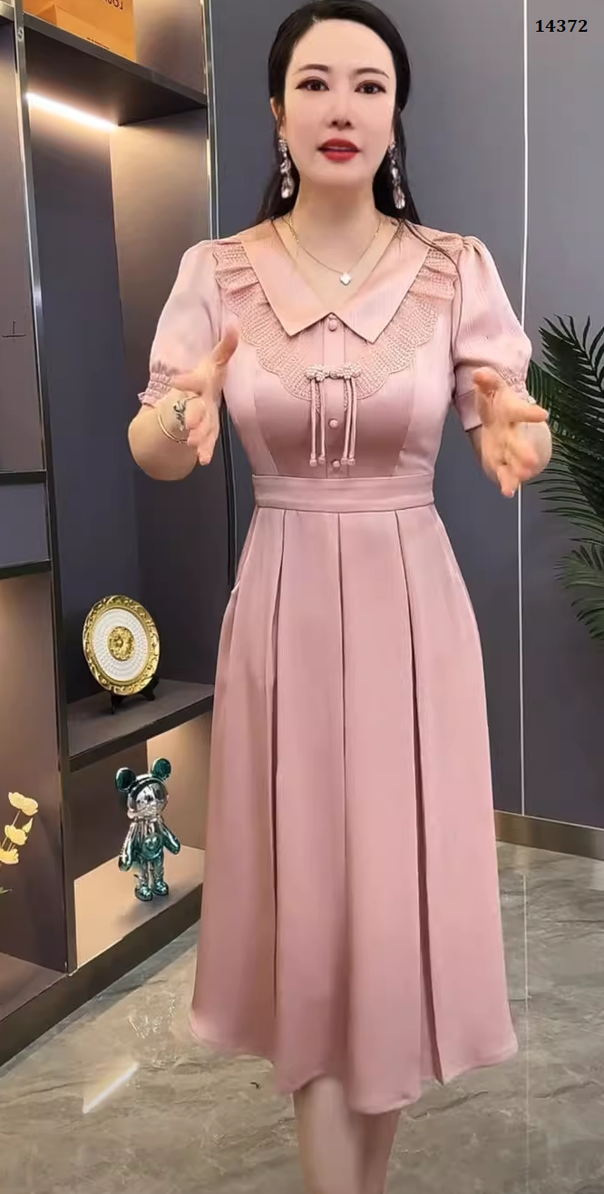 14732-Đầm xòe  dự tiệc màu hồng cổ bèo cách điệu (lụa nhung)_thumbnail_0