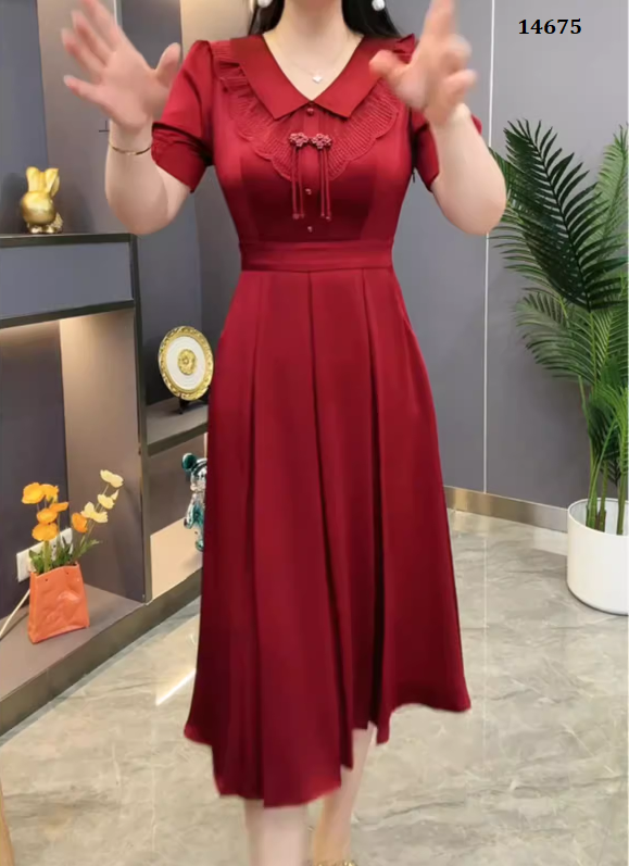 14675-Đầm xòe  dự tiệc đỏ đô cổ  sen cách điệu ( lụa nhung)_thumbnail_1