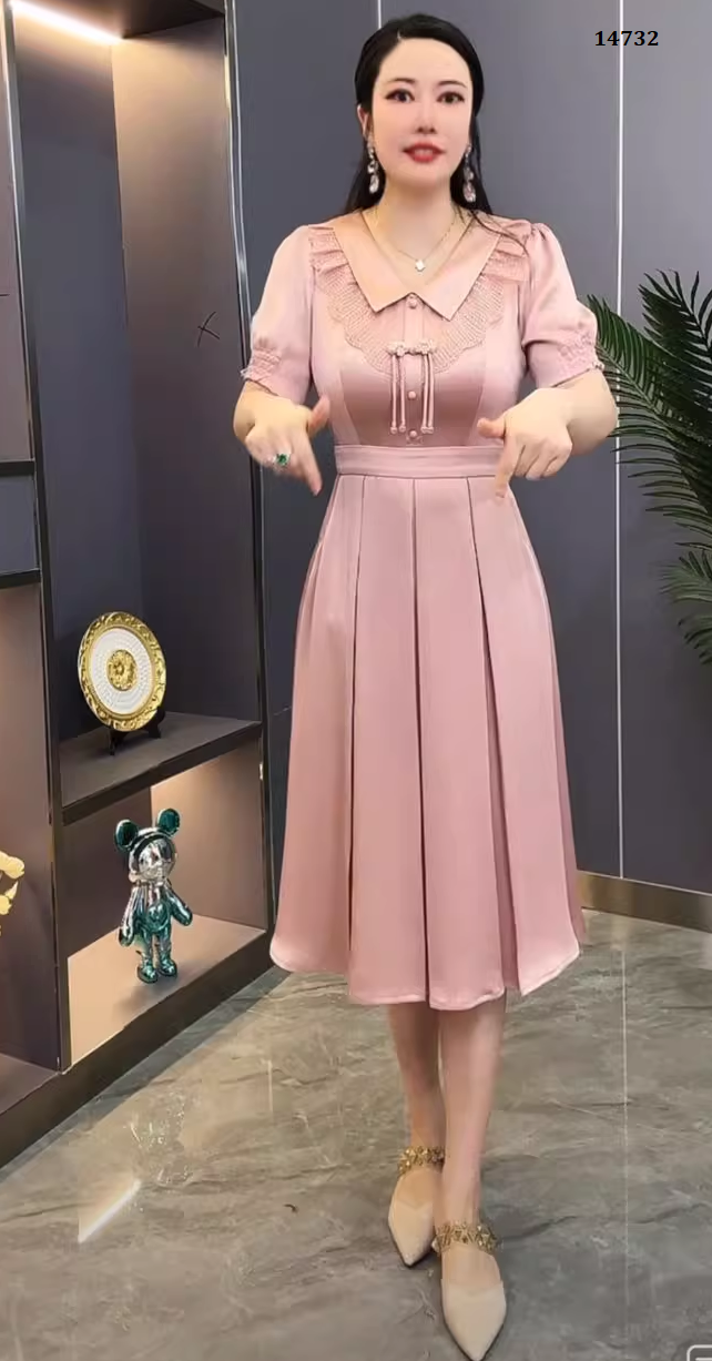 14732-Đầm xòe  dự tiệc màu hồng cổ bèo cách điệu (lụa nhung)_thumbnail_1