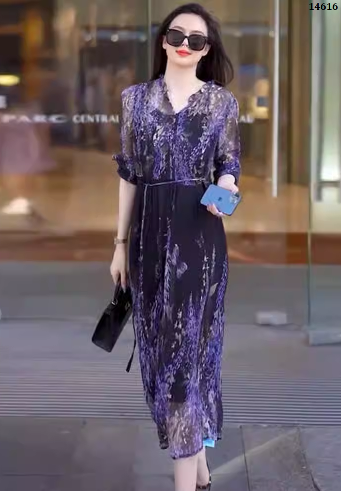 14616-Đầm  voan suông in hoa tím eo thắt dây rút  cách điệu ( voan in, lót habutai)_thumbnail_0