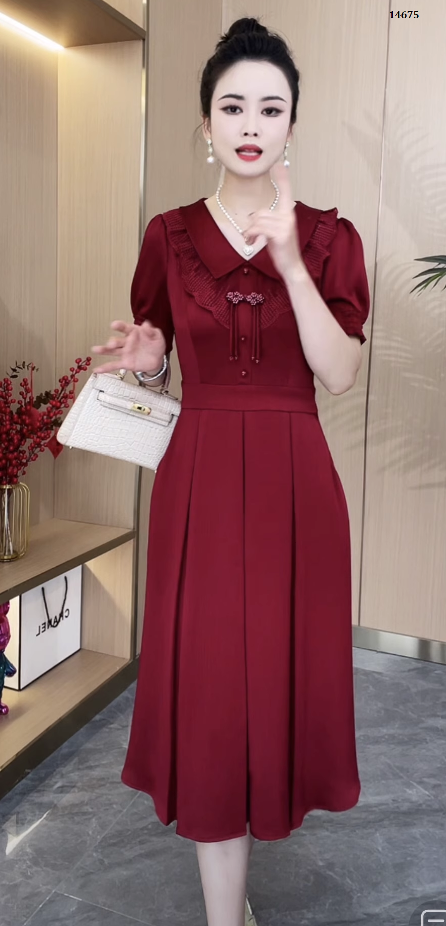 14675-Đầm xòe  dự tiệc đỏ đô cổ  sen cách điệu ( lụa nhung)_thumbnail_2