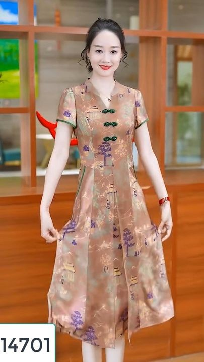 14701-Đầm suông A màu trà  cổ tàu cách điệu ( voan lụa, lót habutai)_thumbnail_0