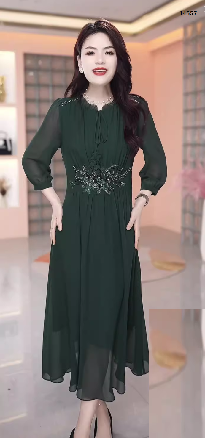14557-Đầm xòe dự tiệc eo kết  hoa màu rêu ( chifon, lụa habutai)_thumbnail_0