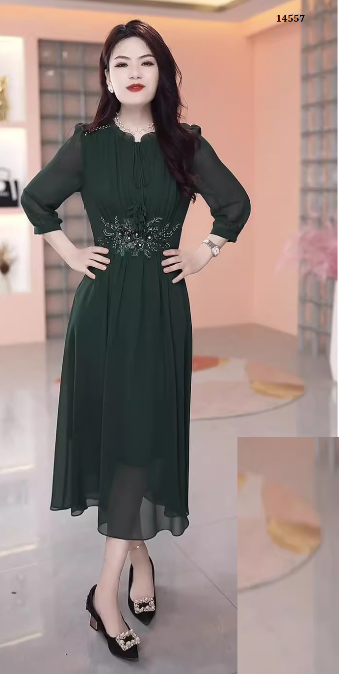 14557-Đầm xòe dự tiệc eo kết  hoa màu rêu ( chifon, lụa habutai)_thumbnail_2