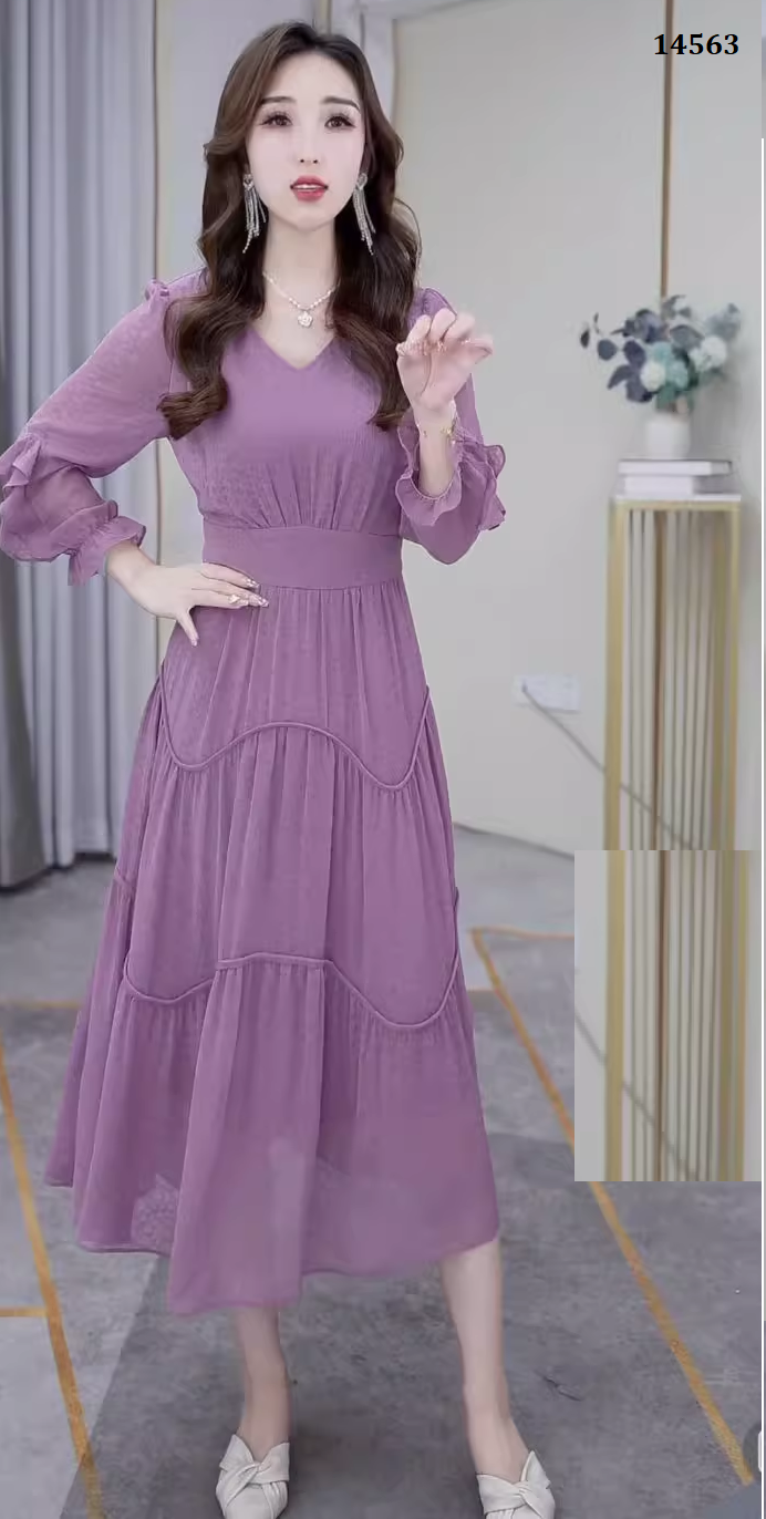 14563-Đầm tím tay  dài tà dợn sóng cách điệu ( voan tơ xước, lót)_thumbnail_0