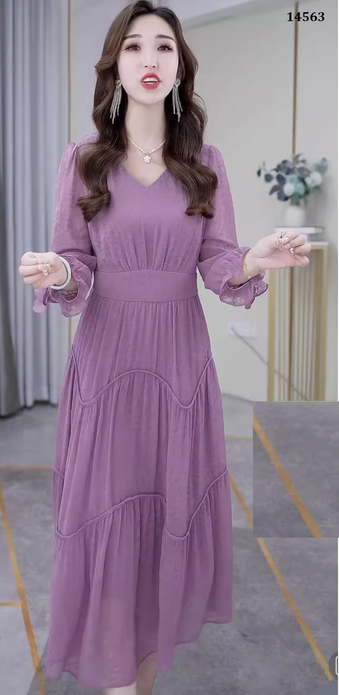 14563-Đầm tím tay  dài tà dợn sóng cách điệu ( voan tơ xước, lót)_thumbnail_2