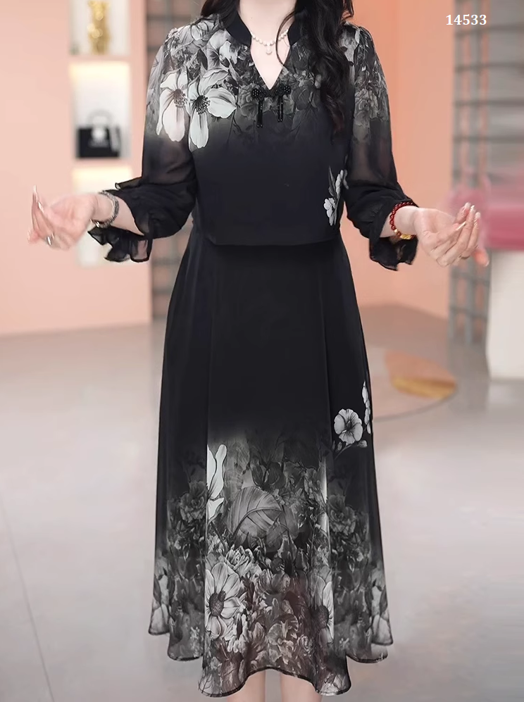 14533-Đầm voan liền  tay dài in hoa trắng cổ  V tàu cách điệu ( voan, lụa habutai)_thumbnail_0