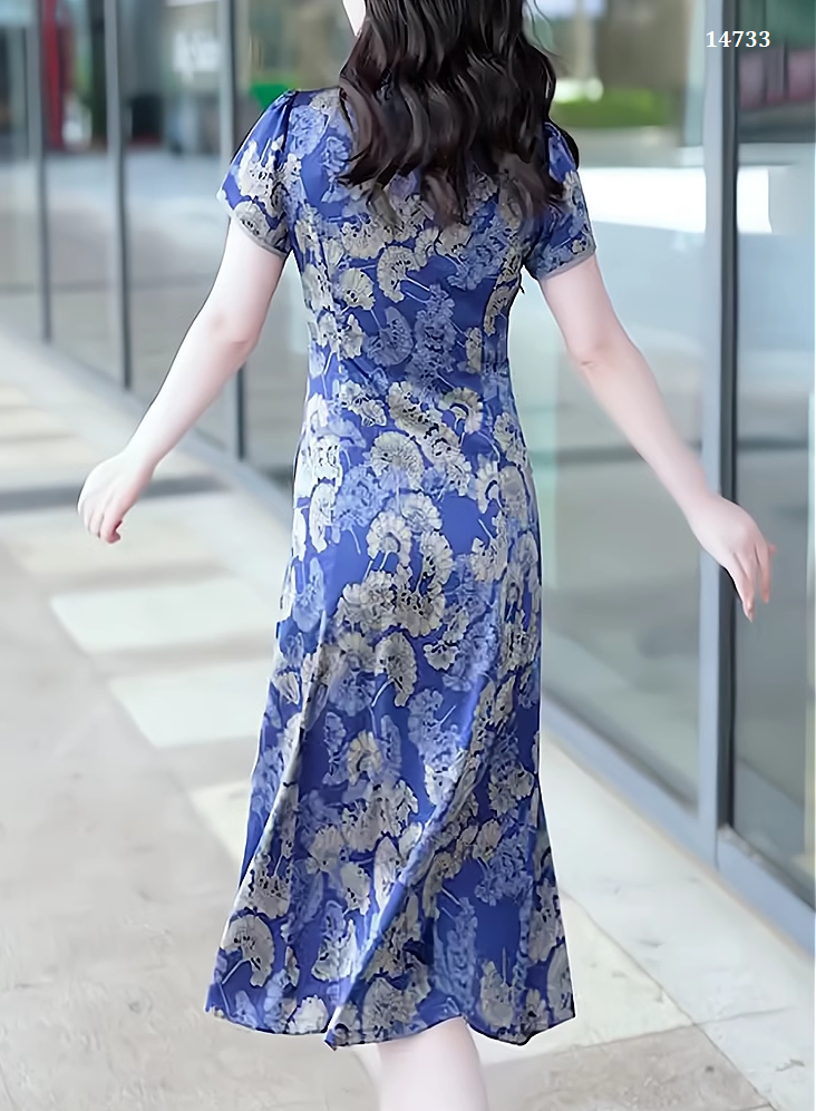 14733-Đầm xòe A cổ tàu  kết nút in họa tiết  cách điệu ( voan lụa, lót)_thumbnail_1