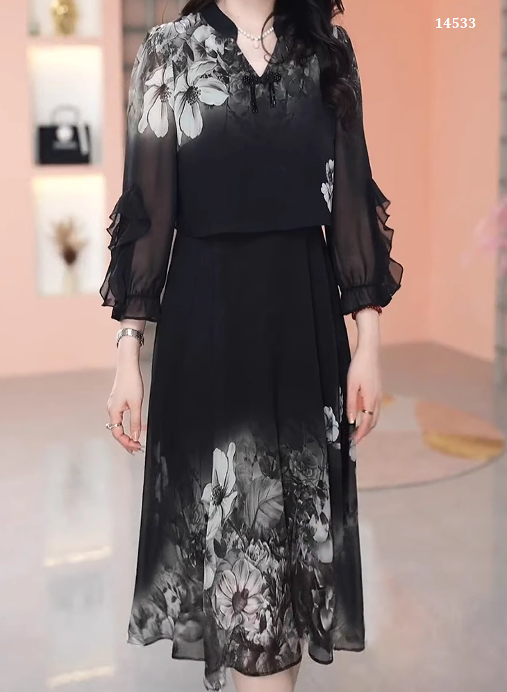 14533-Đầm voan liền  tay dài in hoa trắng cổ  V tàu cách điệu ( voan, lụa habutai)_thumbnail_1