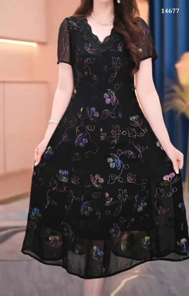 14677-Đầm voan A thêu chỉ nổi 7 màu cách điệu ( voan thêu, lót lụa habutai)_thumbnail_0