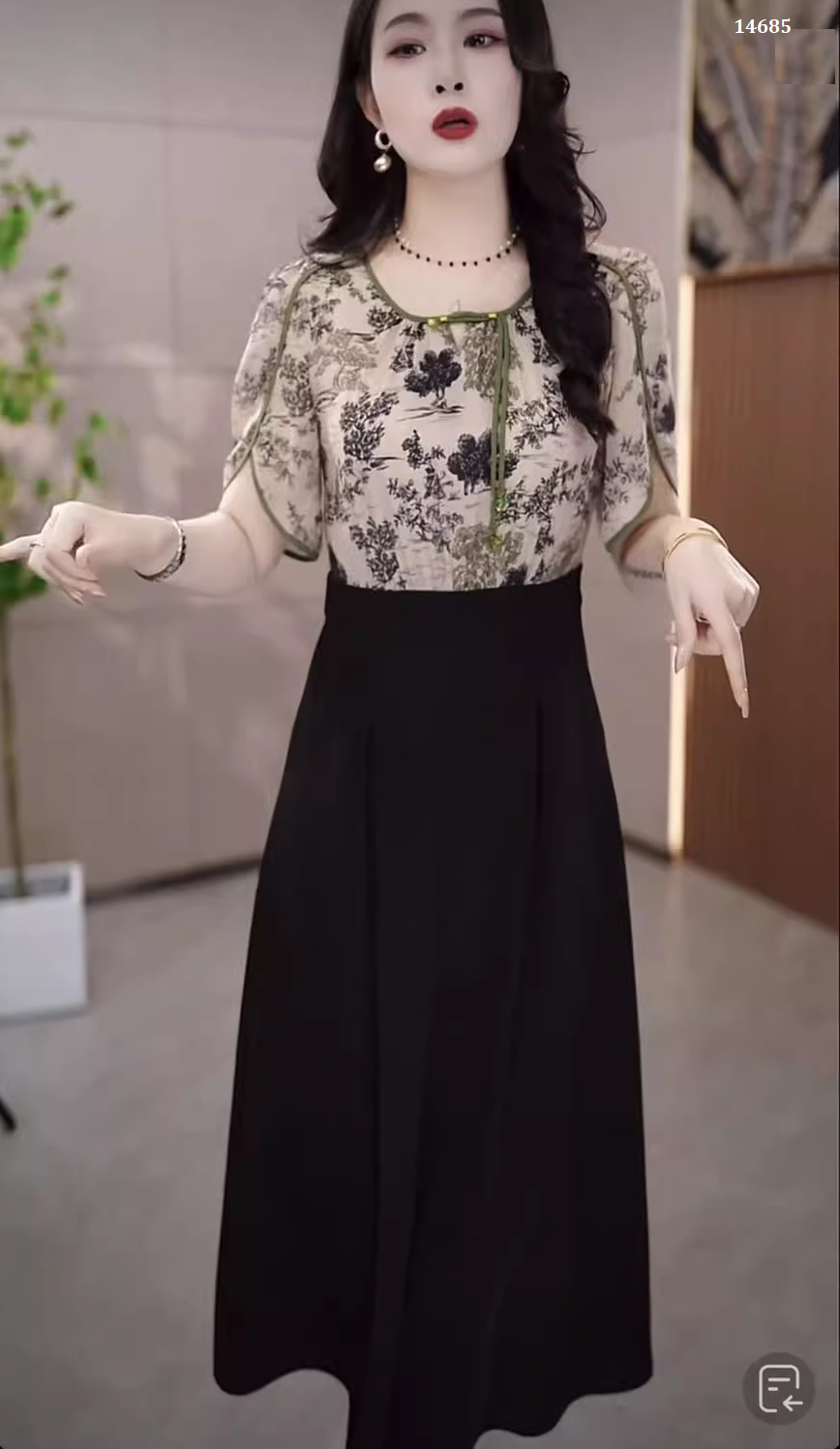 14685-Đầm xòe  tay lở  cách điệu phối voan in hoa ( voan in, poly 2 da)_thumbnail_0