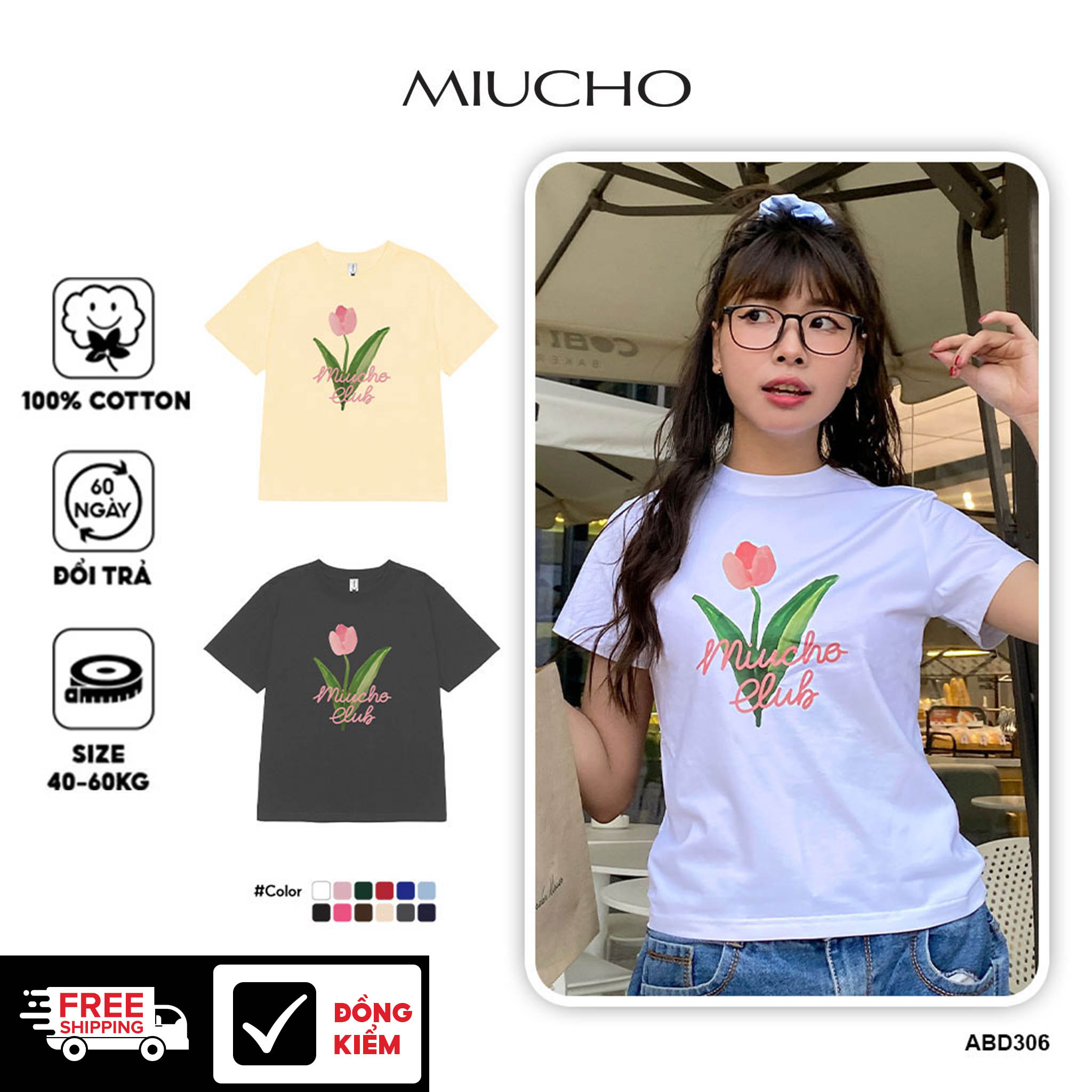 Áo baby tee hoa tuplip xinh xắn ABD306 Miucho cotton cổ tròn in graphic