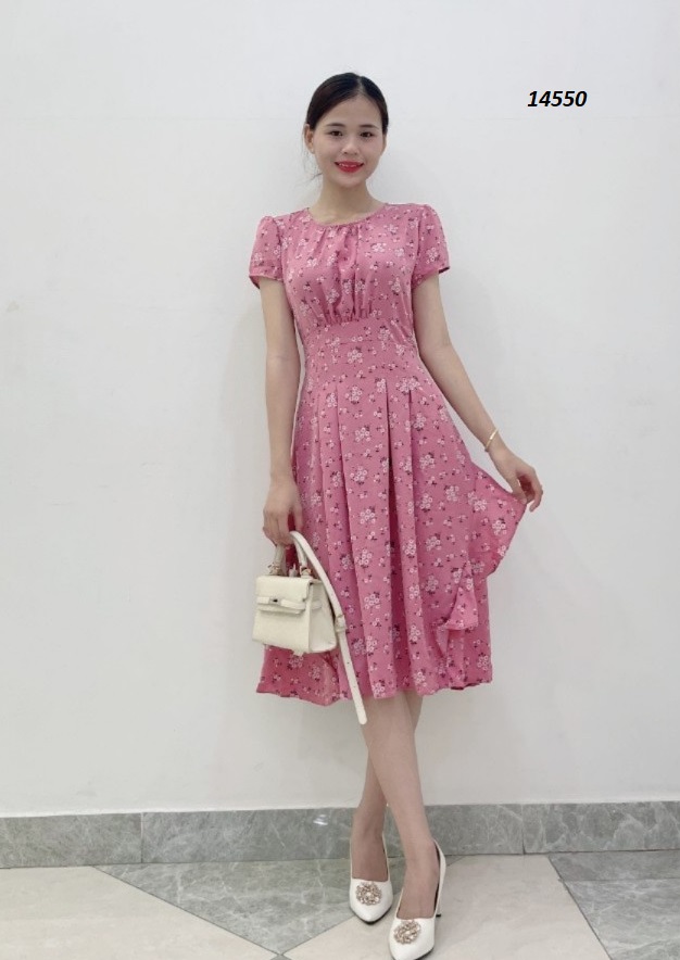 14550-Đầm xòe  hoa nhí màu hồng ruốc ( lụa mango)_thumbnail_1