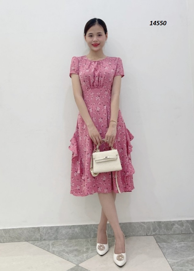 14550-Đầm xòe  hoa nhí màu hồng ruốc ( lụa mango)_thumbnail_0