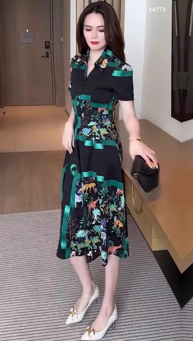 14771-Đầm xòe cổ bẻ họa tiết xanh lập thể  ( lụa mango)_thumbnail_1