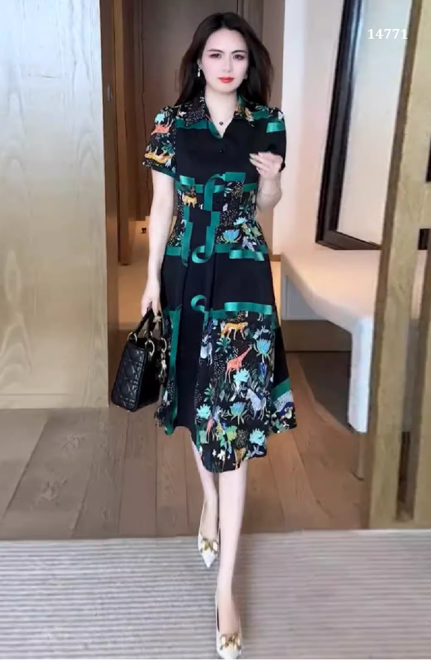 14771-Đầm xòe cổ bẻ họa tiết xanh lập thể  ( lụa mango)_thumbnail_0