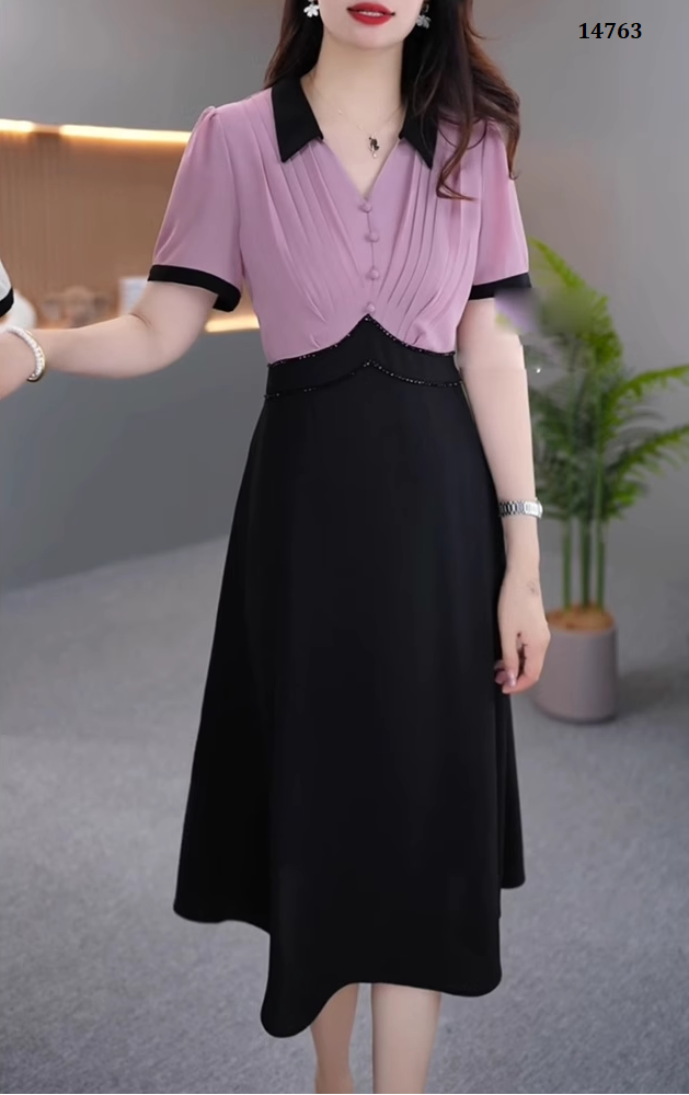 14763-Đâm xòe phối  2 màu  cổ bẻ  cách điệu (voan, poly 2 da)_thumbnail_1