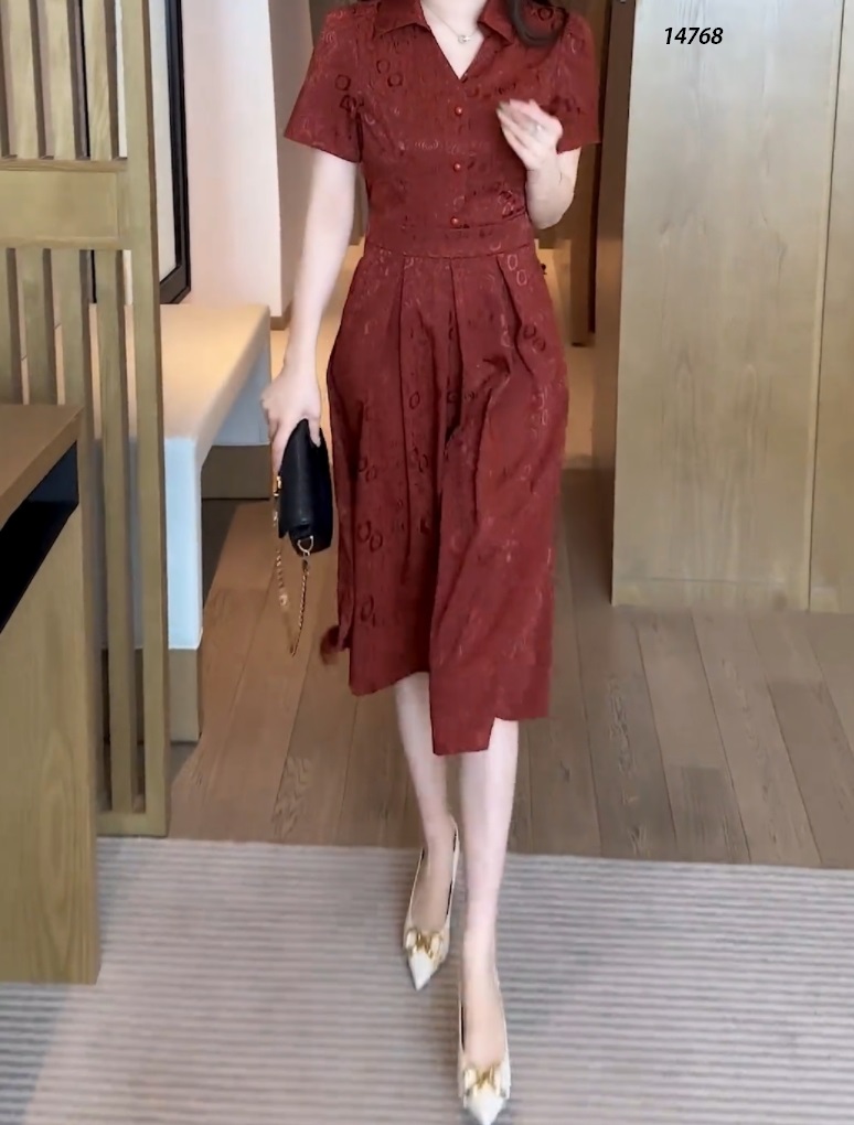 14768-Đầm xòe lụa vân cổ bẻ màu nâu cam (lụa vân pháp) 14768_thumbnail_1