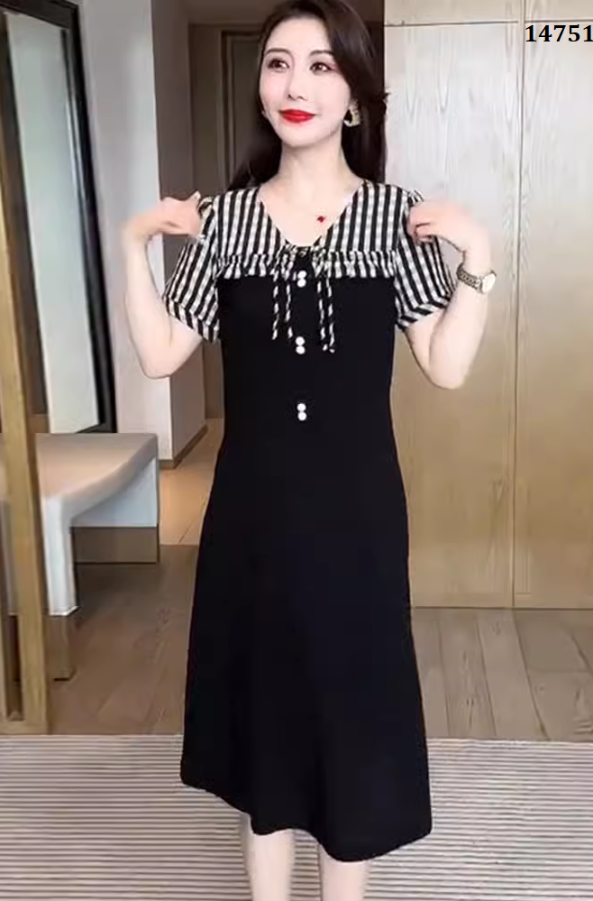 14751-Đầm xòe A phối voan sọc caro cách điệu (thun mịn, voan)_thumbnail_1