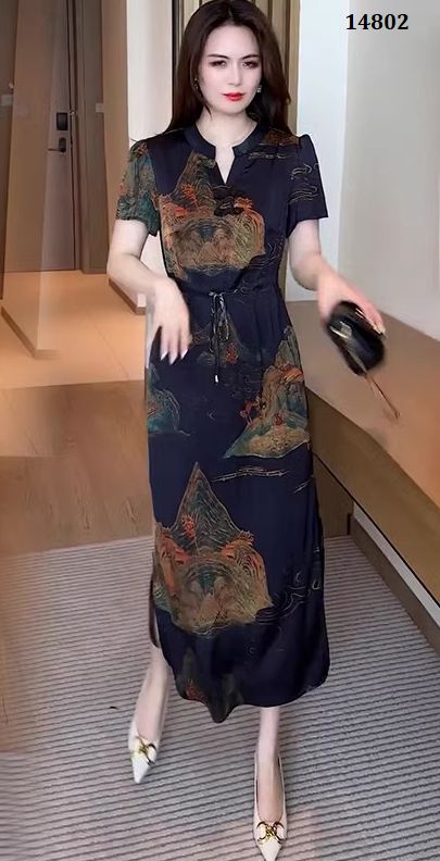 14802-Đầm suông eo  thắt dây cổ tàu cách điệu ( lụa mango)_thumbnail_0