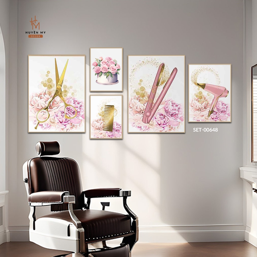 Set 5 Tranh Dán Tường Trang Trí Salon Tóc Nam/Nữ, Tranh Dán Tường Decor Giá Rẻ Kèm Băng Keo 2 Mặt - Huyền My Deco