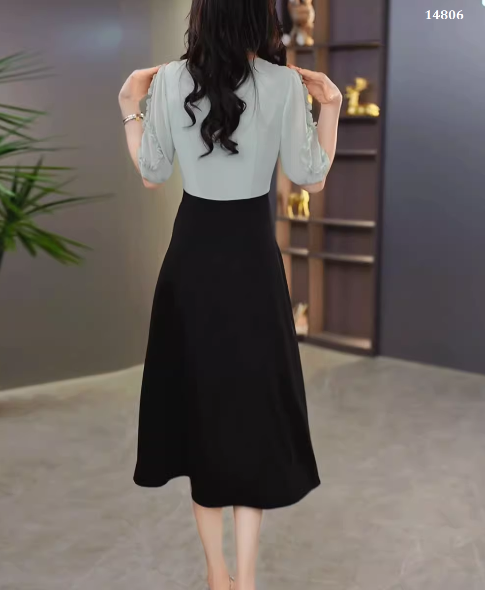 14806-Đầm xòe phối  voan  tay lở xanh mint (voan, thun mịn)_thumbnail_3