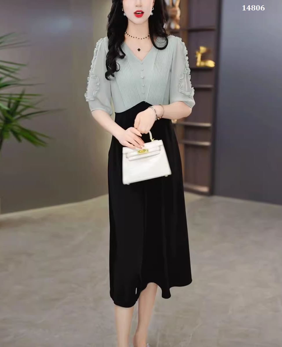 14806-Đầm xòe phối  voan  tay lở xanh mint (voan, thun mịn)_thumbnail_1