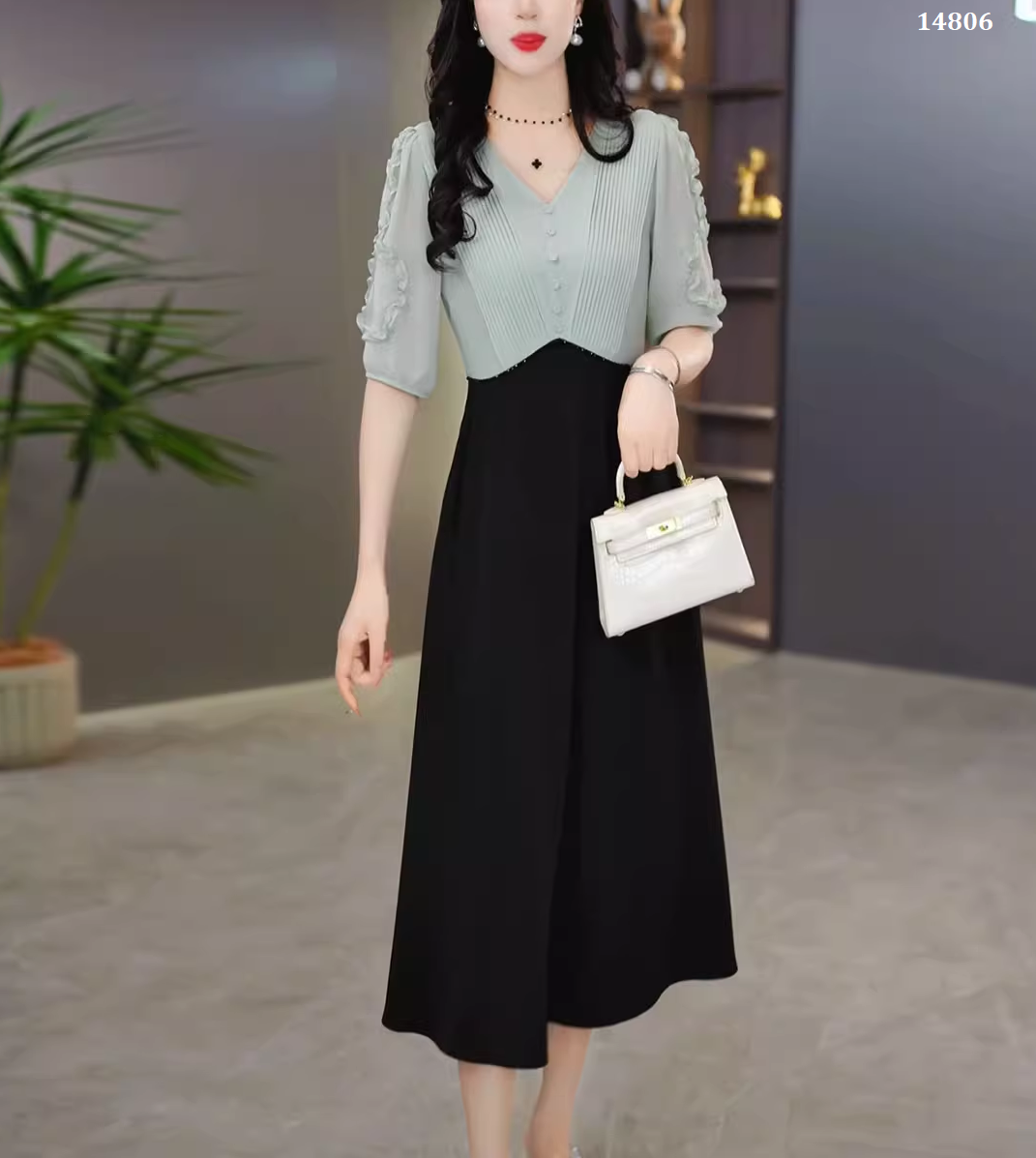 14806-Đầm xòe phối  voan  tay lở xanh mint (voan, thun mịn)_thumbnail_2