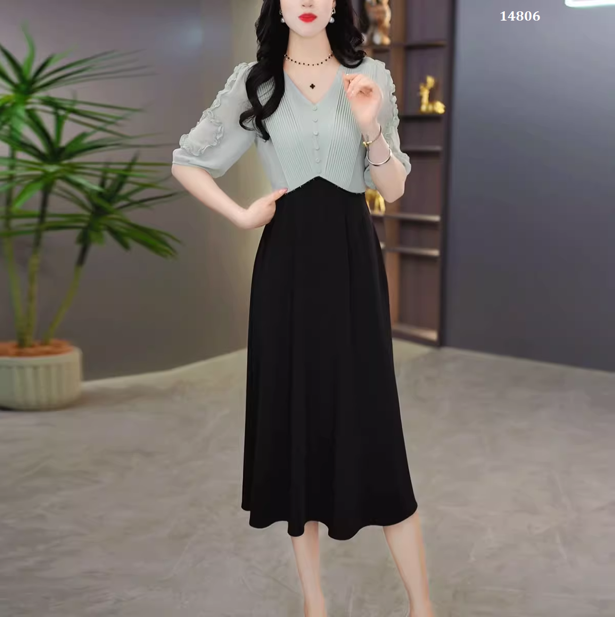 14806-Đầm xòe phối  voan  tay lở xanh mint (voan, thun mịn)_thumbnail_0