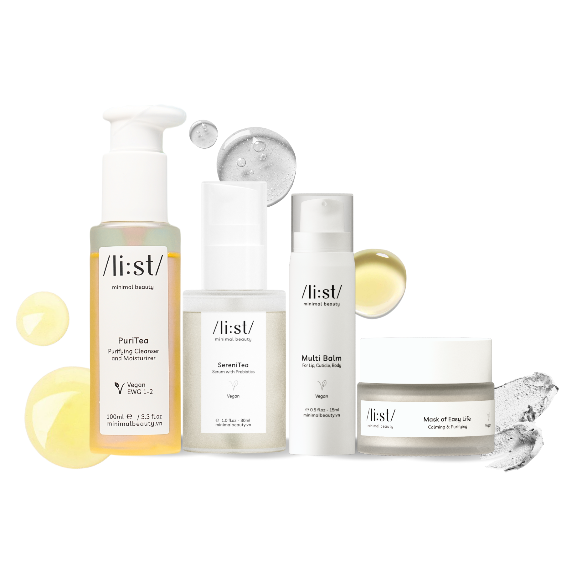 Trọn Bộ 4 Sản Phẩm Chăm Da Tối Giản Li:st Dưỡng Da, Phục hồi, Cân Bằng Da, Hút Dầu Thừa Và Cấp Ẩm Trà Tẩy Trang PuriTea 100ml, Serum SereniTea 30ml, Mặt Nạ Đất Sét Mask Of Easy Life 30g, Multi Balm 15g