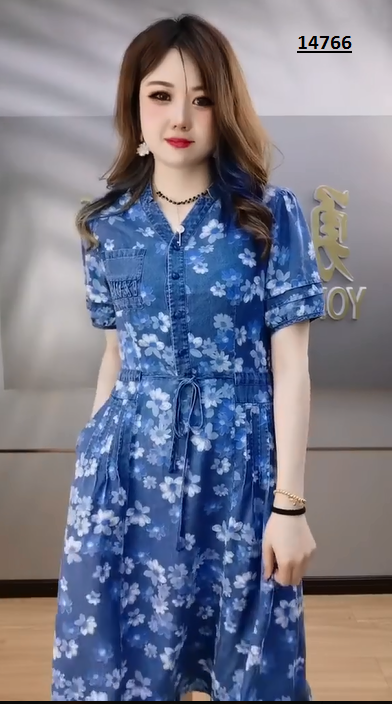 14766-Đầm xòe jeans xanh hoa trắng thắt dây eo cách diệu ( jeans mềm)_thumbnail_0