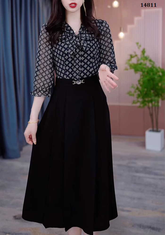 14811-Đầm  liền phối  voan hoa  nhí tay lở cổ thắt nơ  ( thun mịn, voan)_thumbnail_2