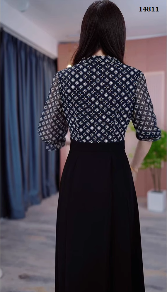 14811-Đầm  liền phối  voan hoa  nhí tay lở cổ thắt nơ  ( thun mịn, voan)_thumbnail_3