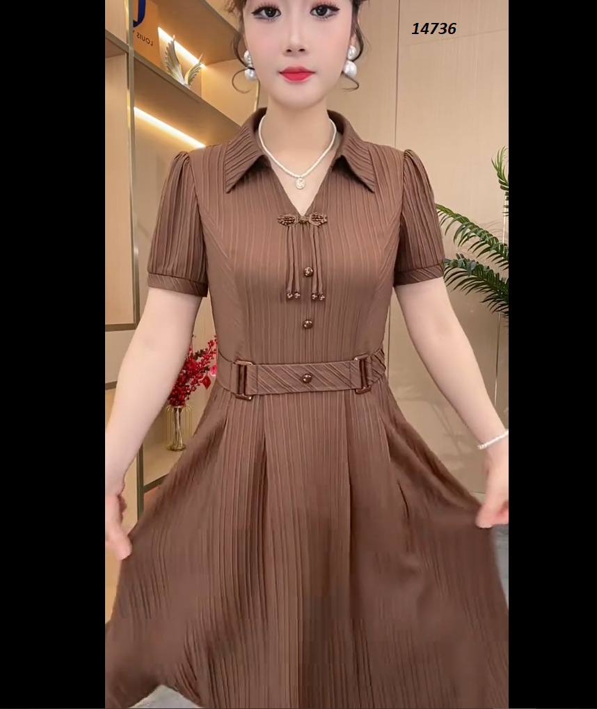 14736-Đầm xòe nâu gắn đai eo, cổ đính phụ kiện xinh xắn_thumbnail_0