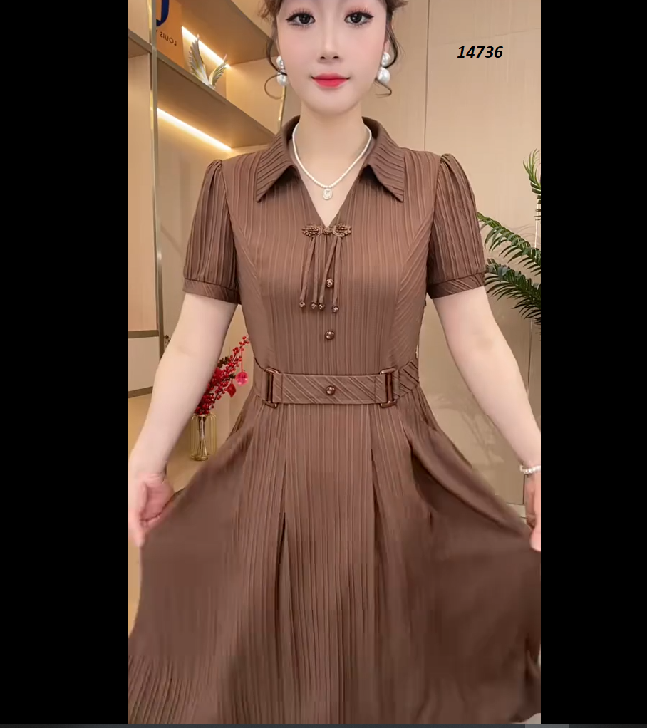14736-Đầm xòe nâu gắn đai eo, cổ đính phụ kiện xinh xắn_thumbnail_2