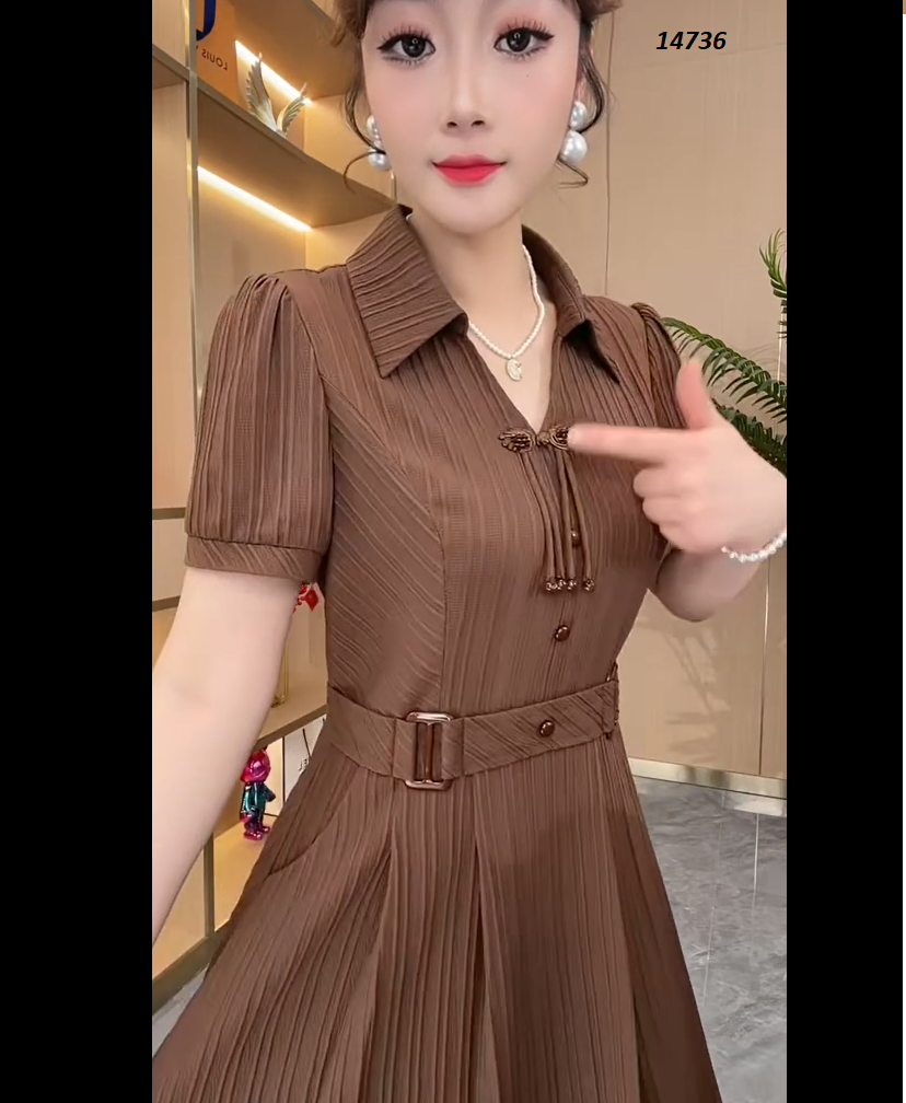 14736-Đầm xòe nâu gắn đai eo, cổ đính phụ kiện xinh xắn_thumbnail_1