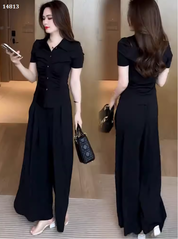 14813-Set áo cổ bẻ may nhúng  kèm quần suông  ( thun mịn, lụa đui)_thumbnail_0