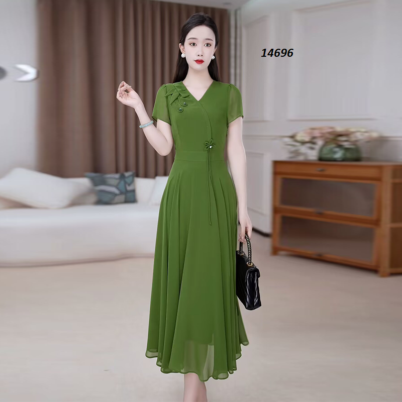 14696-Đầm xòe màu xanh lá gắn hoa một bên vai (voan kèm lót) 14696_thumbnail_0