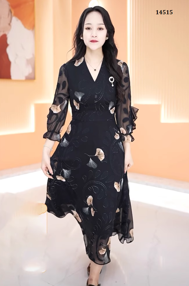 14515-Đầm voan  tay dài cổ  v in họa tiết lá rẻ quạt ( voan, lụa habutai)_thumbnail_0