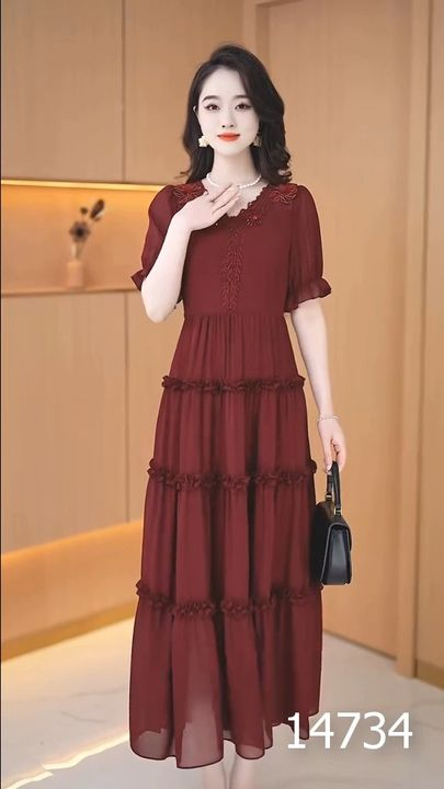 14734-Đầm  voan đỏ   tay ngắn nhún viền tầng cách điệu ( voan, lụa habutai)_thumbnail_0