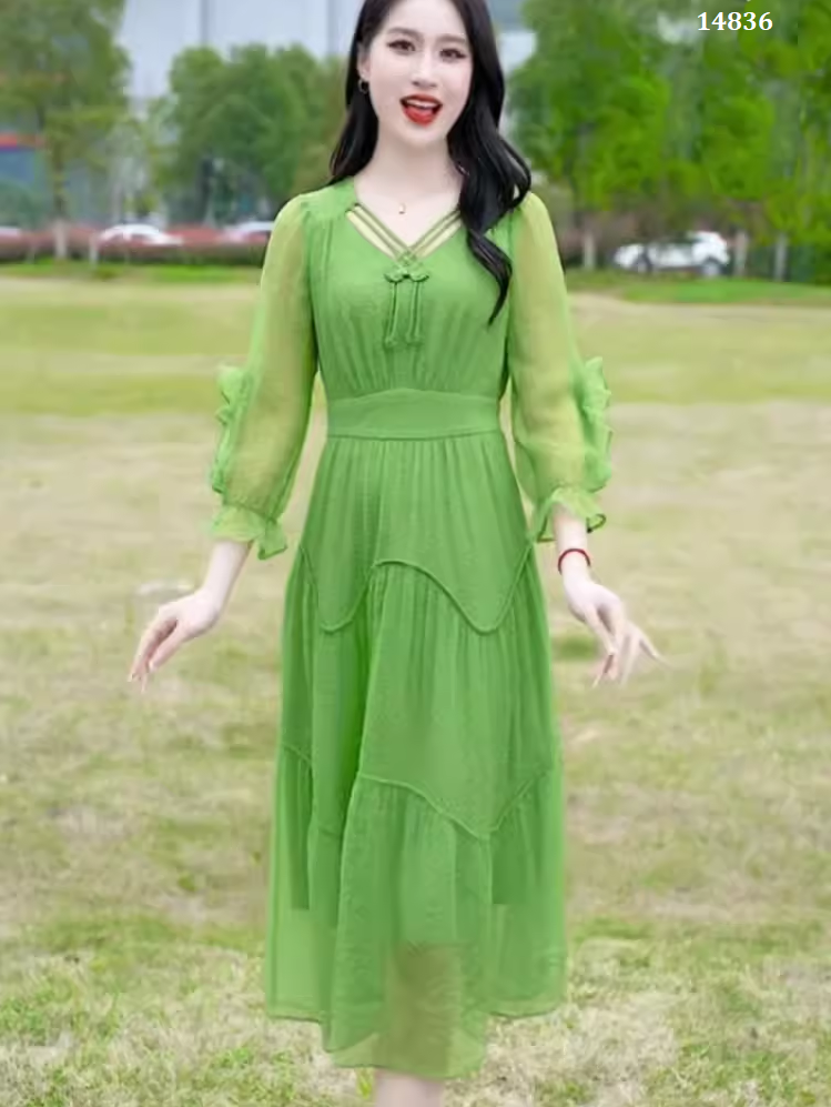 14836-Đầm xòe xanh tay dài cổ kết nút tàu cách điệu ( voan, lót)_thumbnail_0