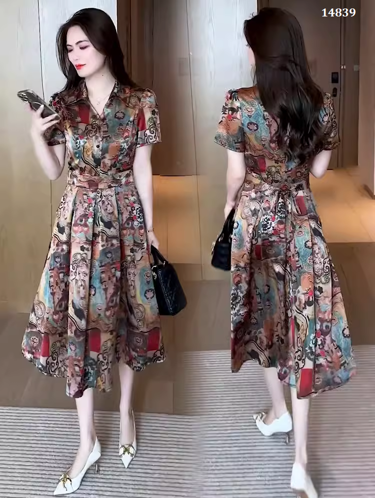 14839-Đầm  xòe lụa  in 3D cổ bẻ  cách điệu ( lụa latin)_thumbnail_0