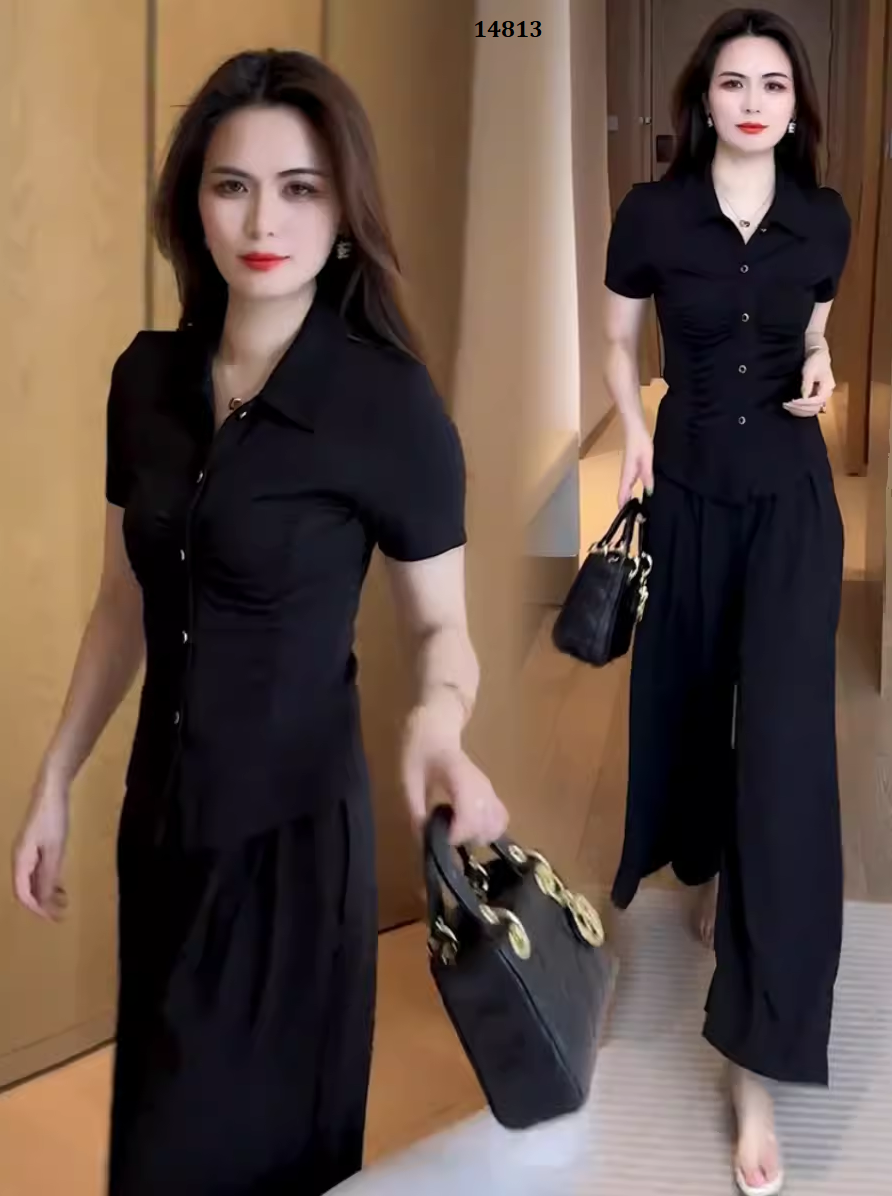 14813-Set áo cổ bẻ may nhúng  kèm quần suông  ( thun mịn, lụa đui)_thumbnail_1